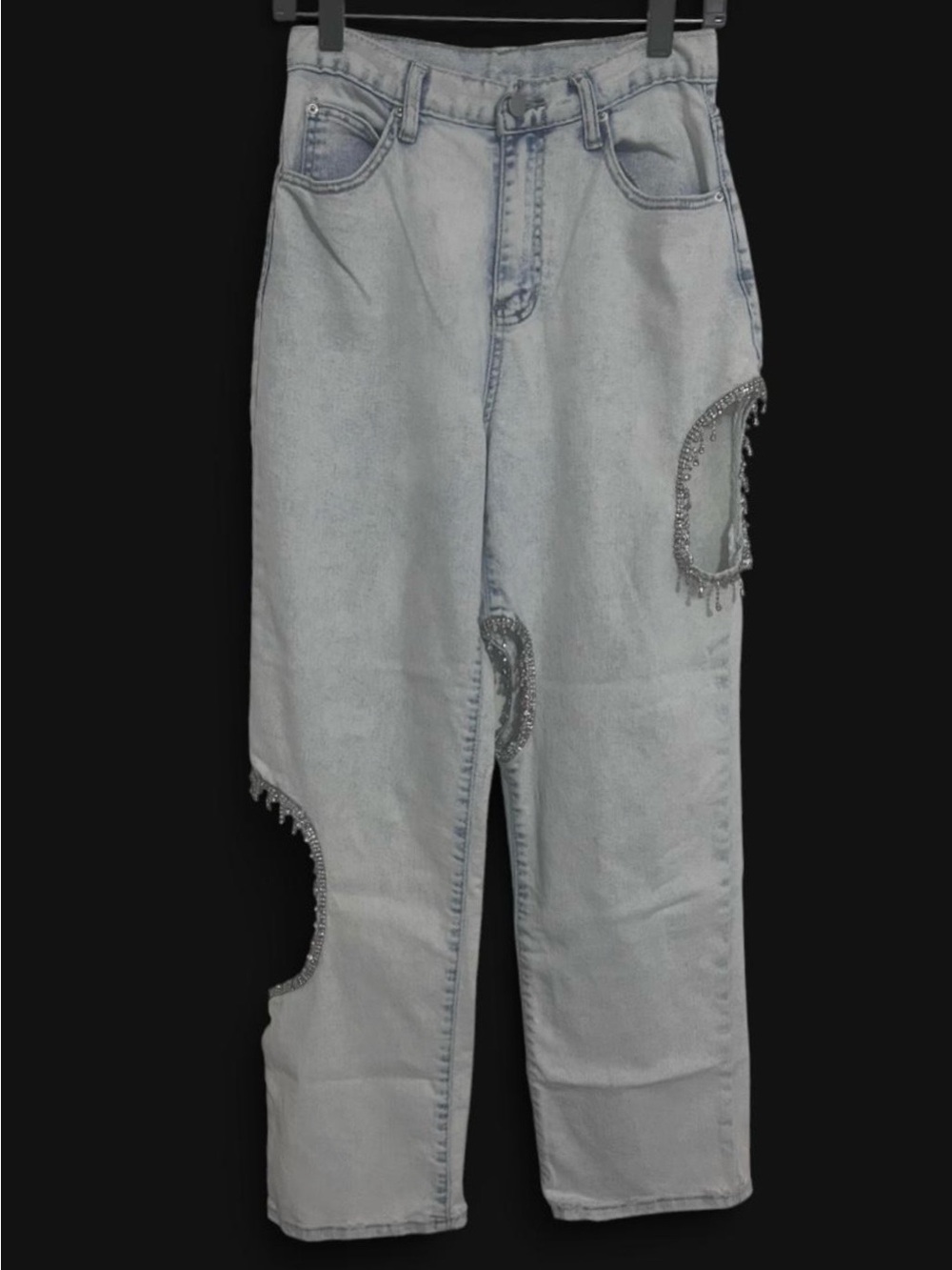 Blue B Rhinestone Fringe Cut Out High Rise Straight Leg Jeans Light Wash Size S